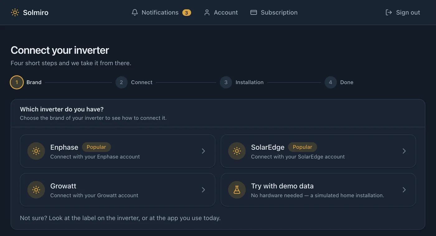 The Solmiro connect wizard showing the choice of inverter brand: SolarEdge, Enphase, Growatt and a demo inverter.