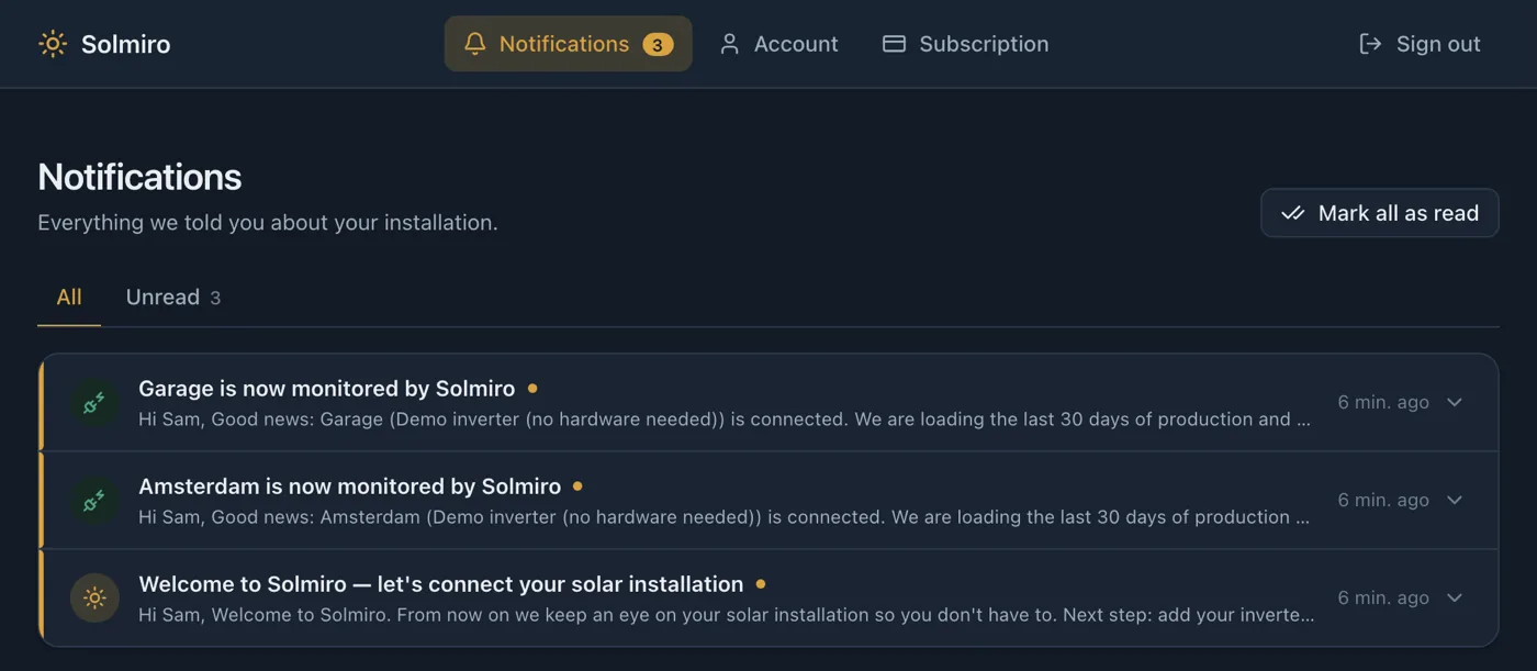 The Solmiro notification log, listing the alerts and messages sent about an installation with their dates.